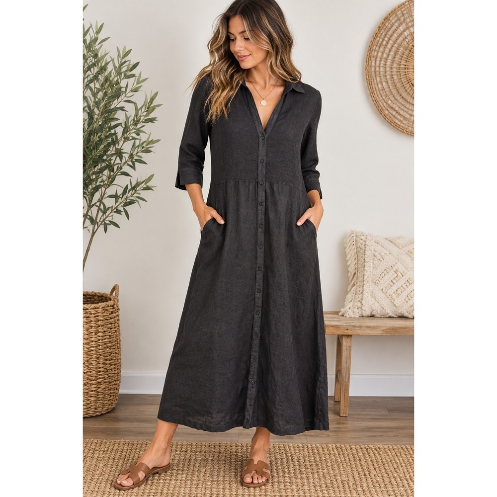 120% Lino Womens Black Linen Maxi Shirt Dress Button Front Lagenlook Boho